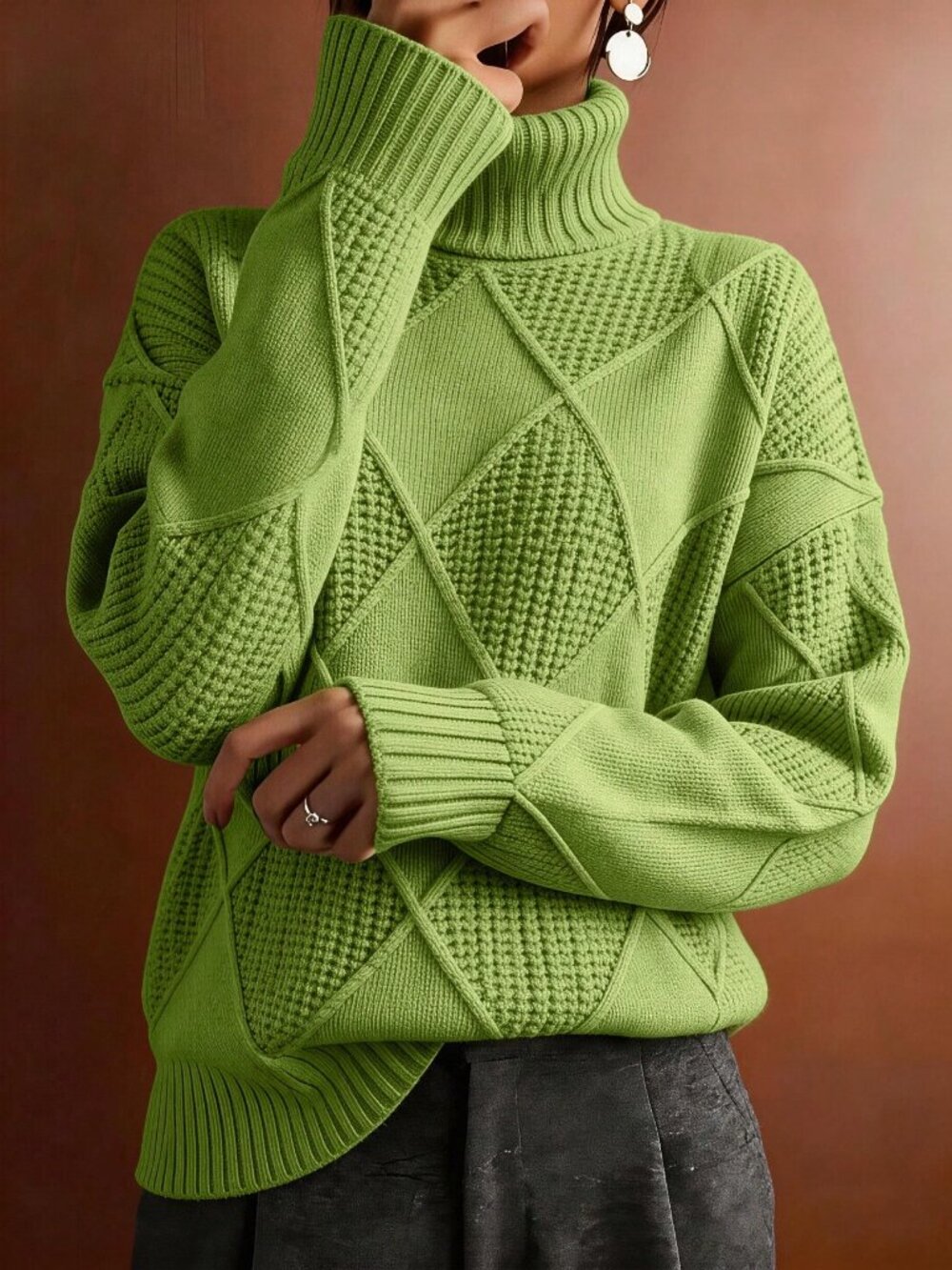 Green Casual Women's Plus Size Turtleneck Long Sleeve Sweater